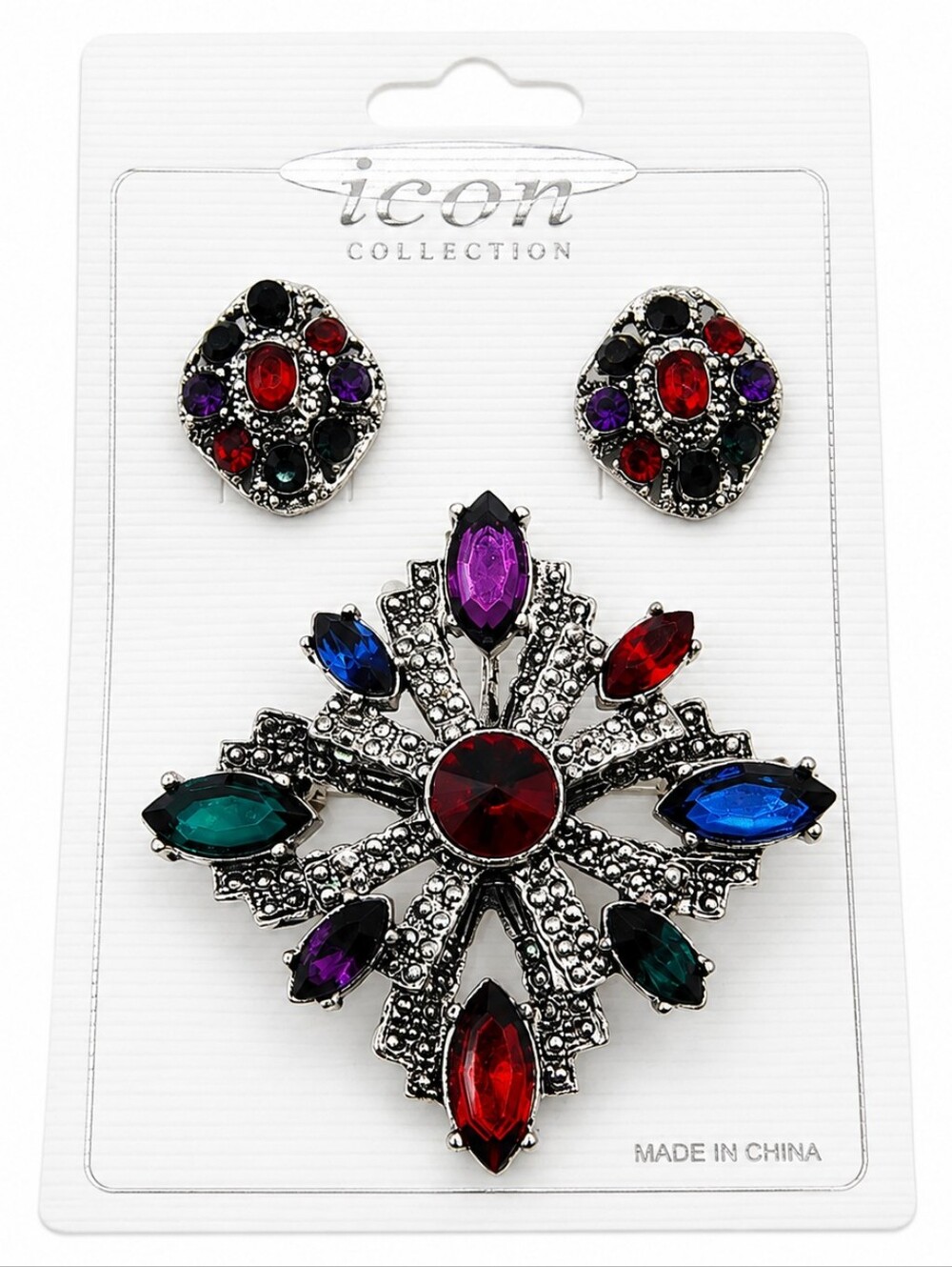 Icon Collection Multicolor Rhinestone Brooch & Earrings